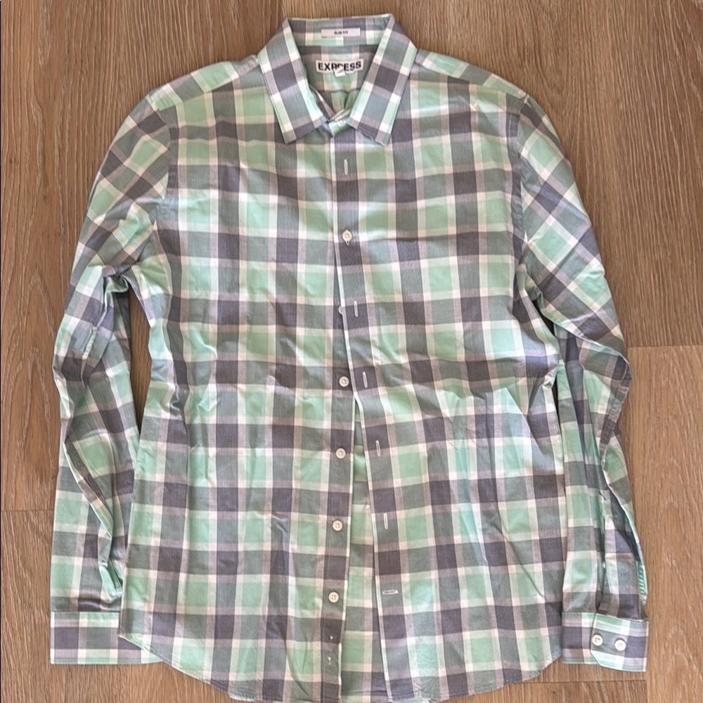 Express Men's Green Plaid Shirt - Slim Fit